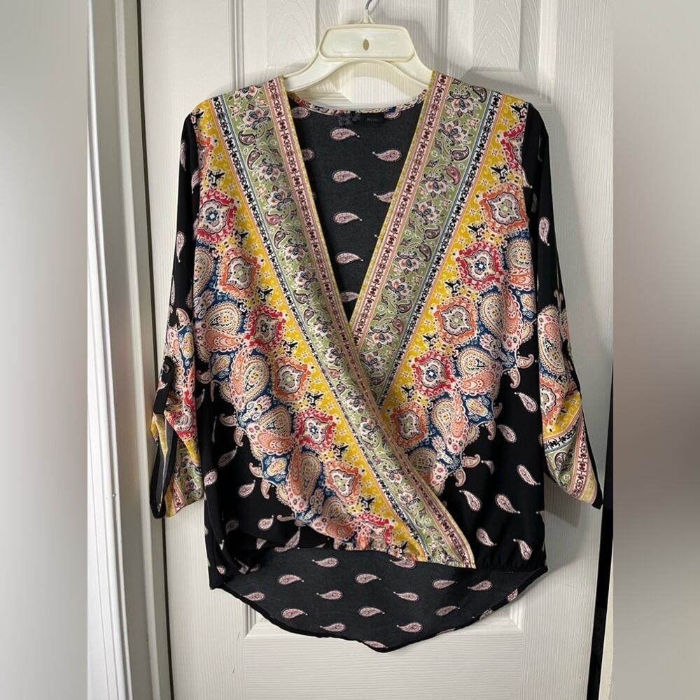 Miin Black Mixed Paisley Printed Faux Wrap Front Top high low bottom hem size